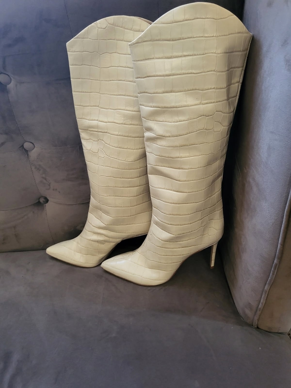 SCHUTZ Cream Croc-Embossed Pointed-Toe Over-the-Knee Boots